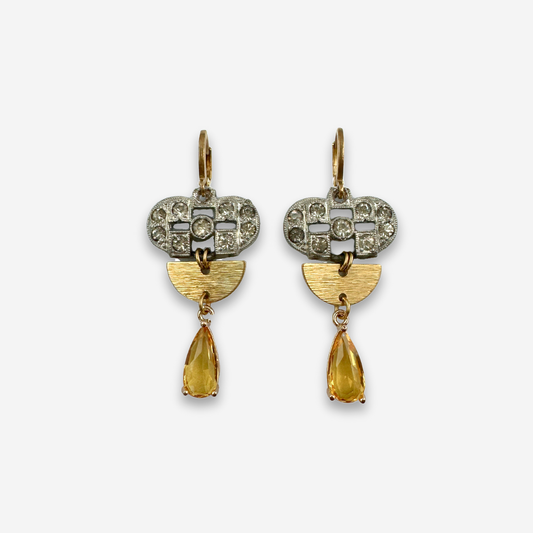 Refashioned deco rhinestone link earrings with yellow crystal teardrop