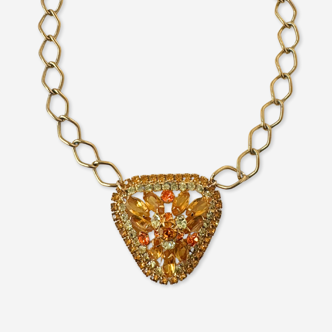 Refashioned Vintage large triangular topaz rhinestone pendant necklace