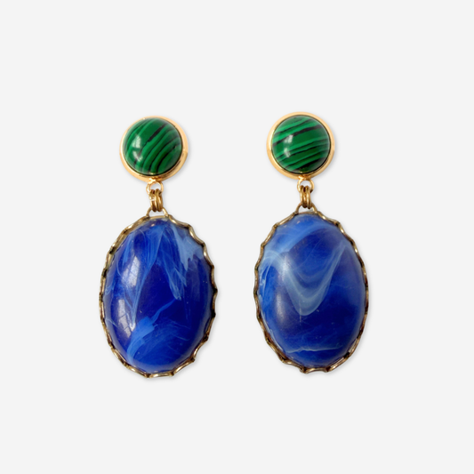 Refashioned vintage cobalt blue and and green large oval earrings