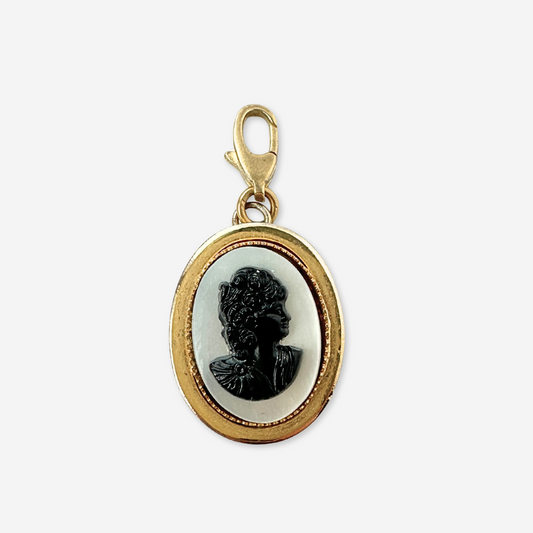 Vintage oval mother of pearl and black acrylic cameo charm