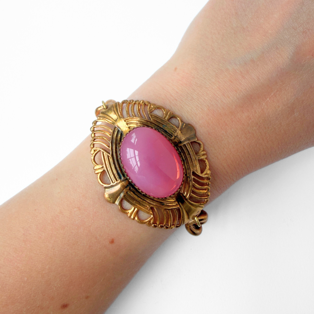 Repurposed Vintage pink oval cabochon and brass statement bracelet
