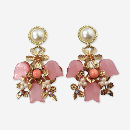 Refashioned vintage pink and gold large floral assemblage earrings