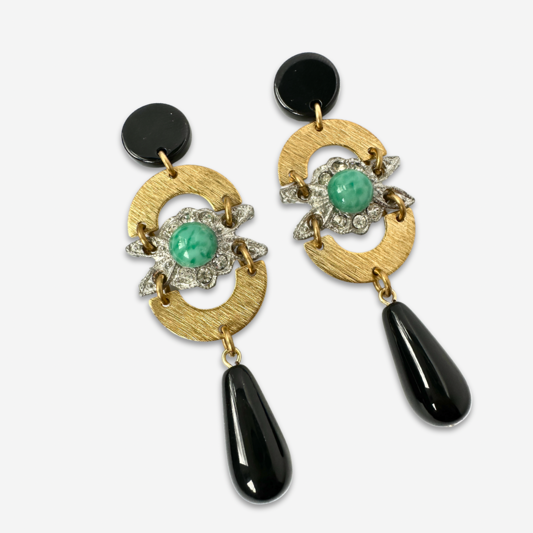 Refashioned vintage black, green, brass, and rhinestone assemblage earrings