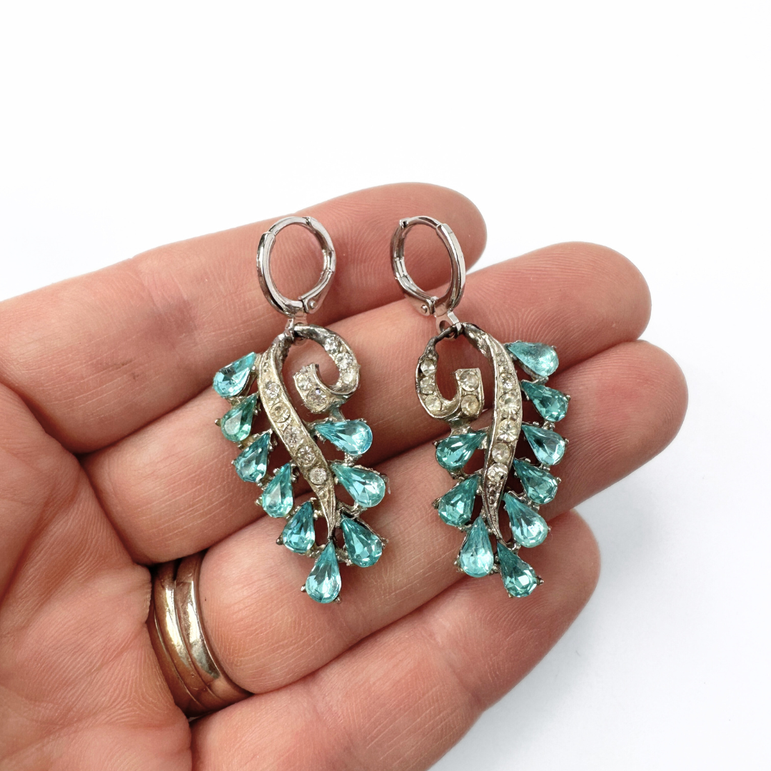 Refashioned vintage silver and aqua blue rhinestone drop earrings