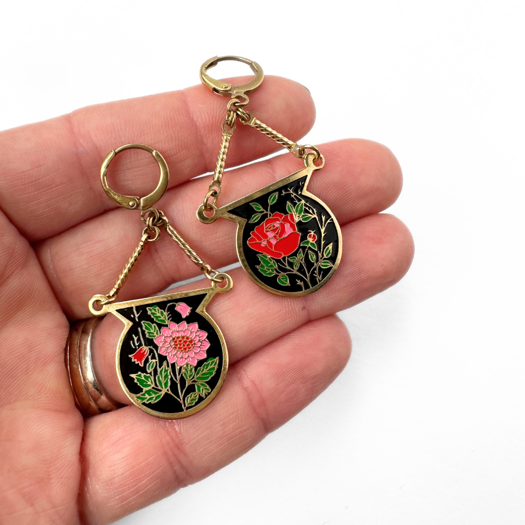 Refashioned vintage black, red, and pink mismatched enamel floral earring