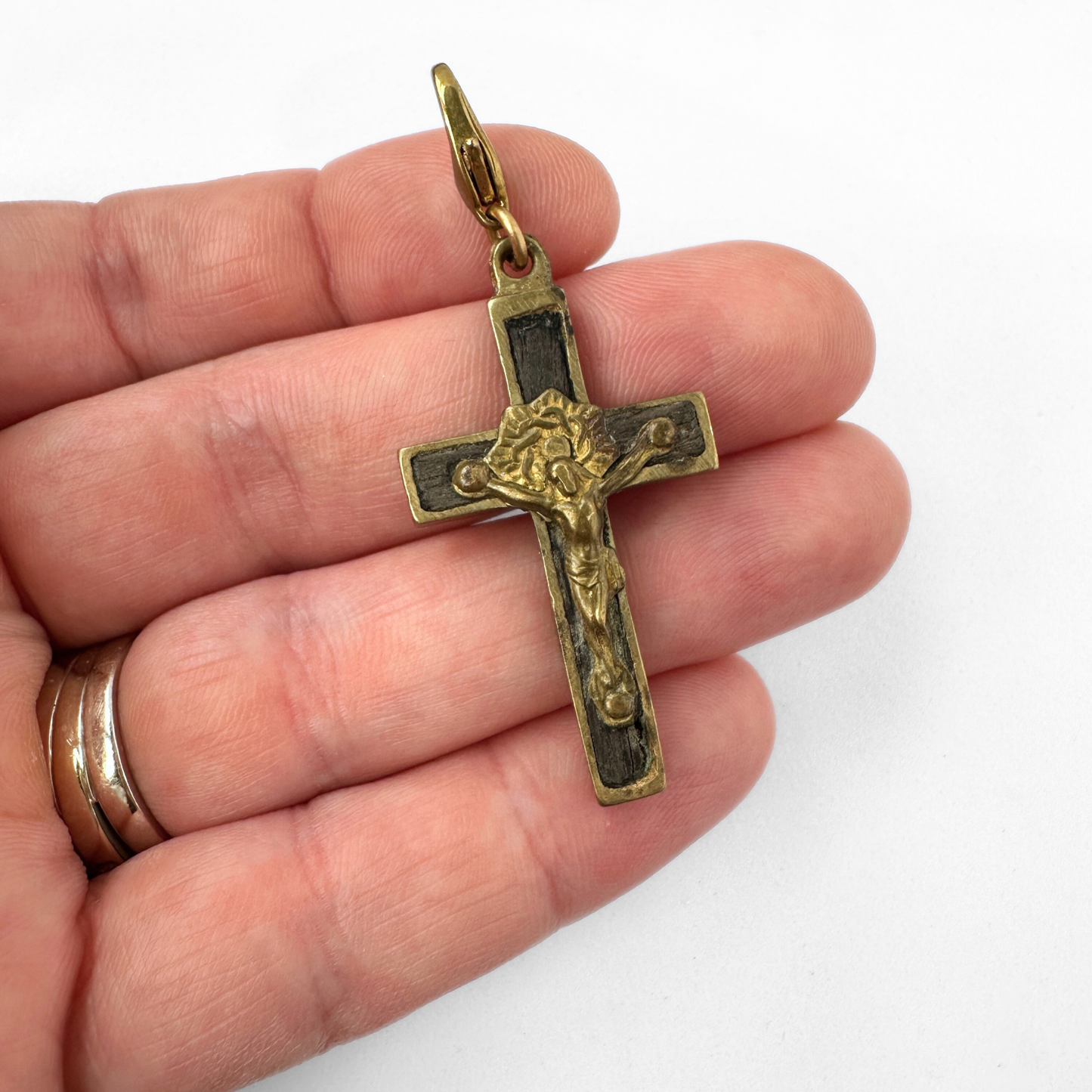 Vintage aged brass and wood crucifix cross charm