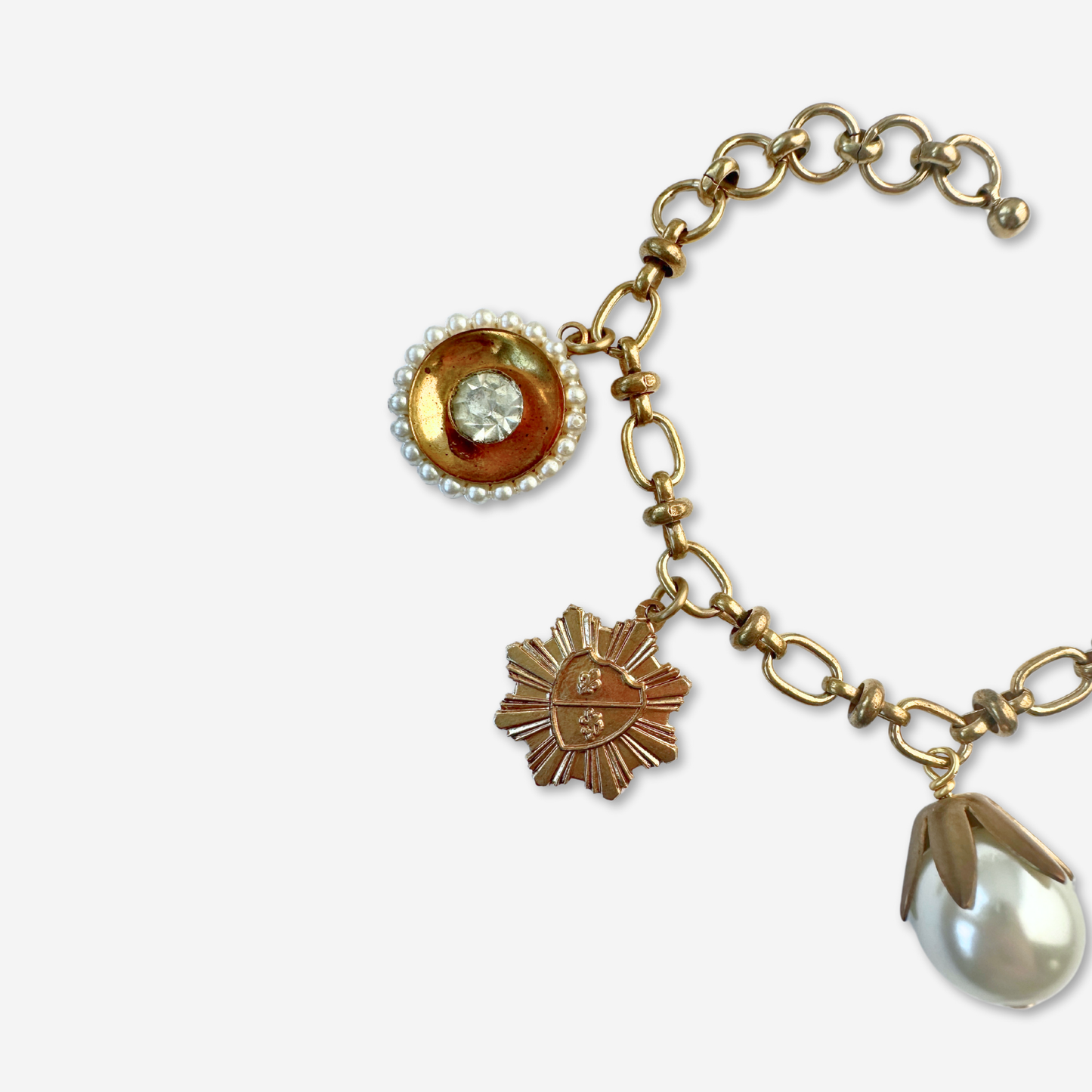 Repurposed vintage pearl and brass larger charm bracelet