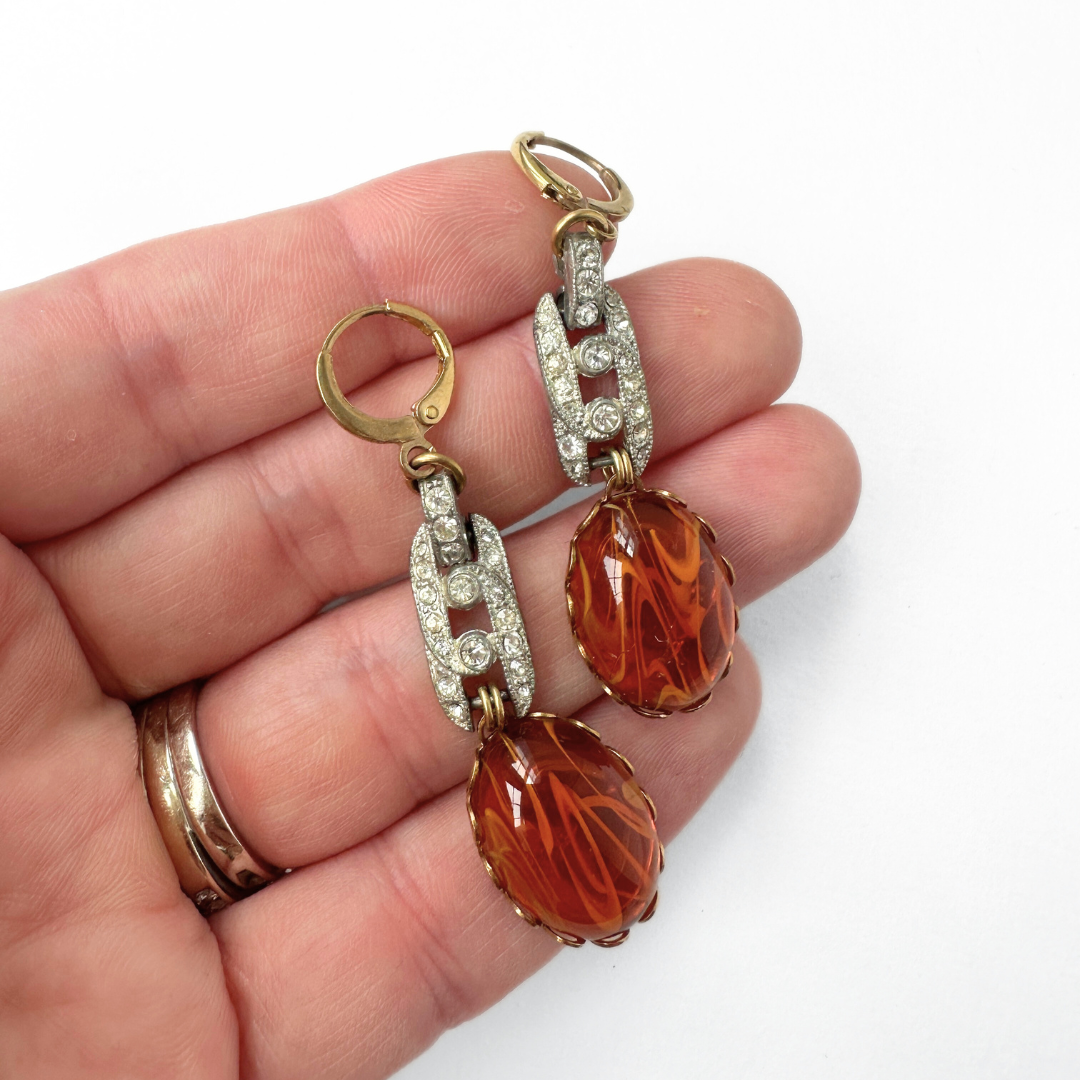 Refashioned vintage swirled amber oval and rhinestone link earrings