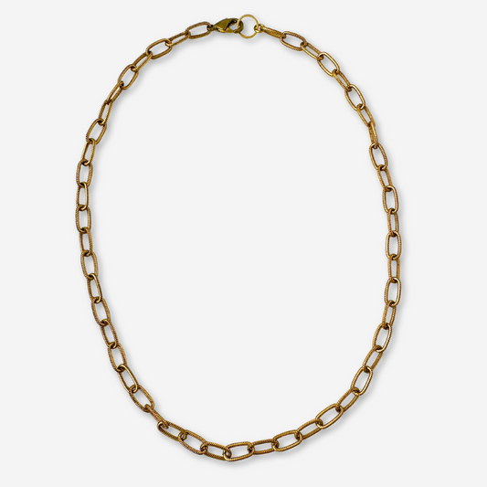 Plain textured brass oval cable chain necklace with lobster clasp