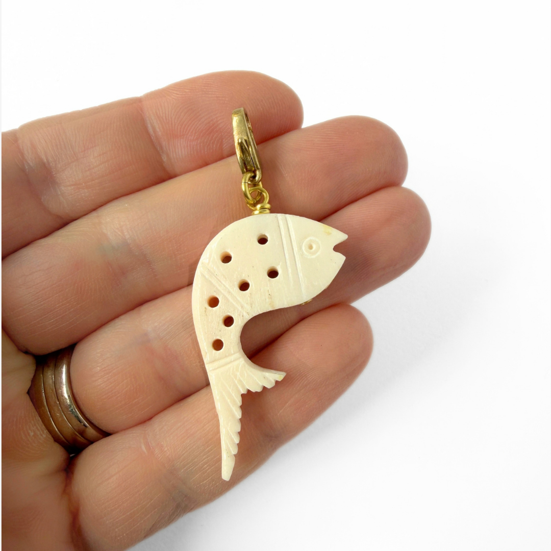 Refashioned vintage carved bone fish charm - Ivory