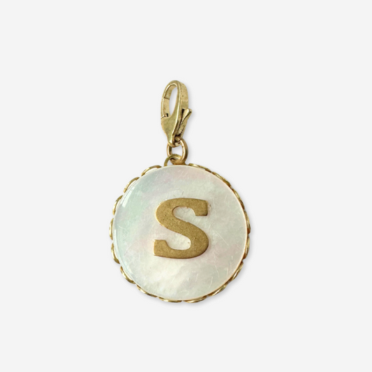 Vintage mother of pearl and brass "S" monogram circular charm