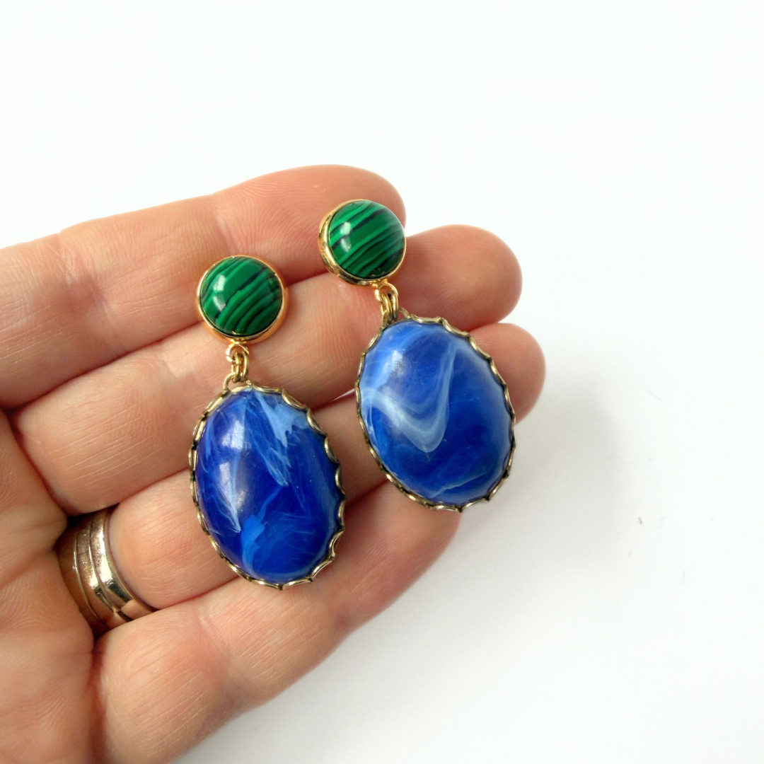 Refashioned vintage cobalt blue and and green large oval earrings