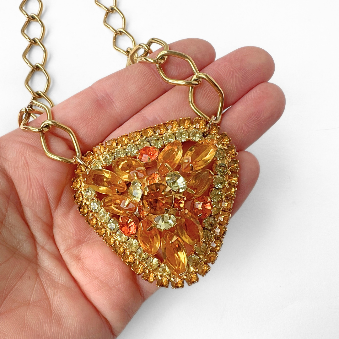 Refashioned Vintage large triangular topaz rhinestone pendant necklace