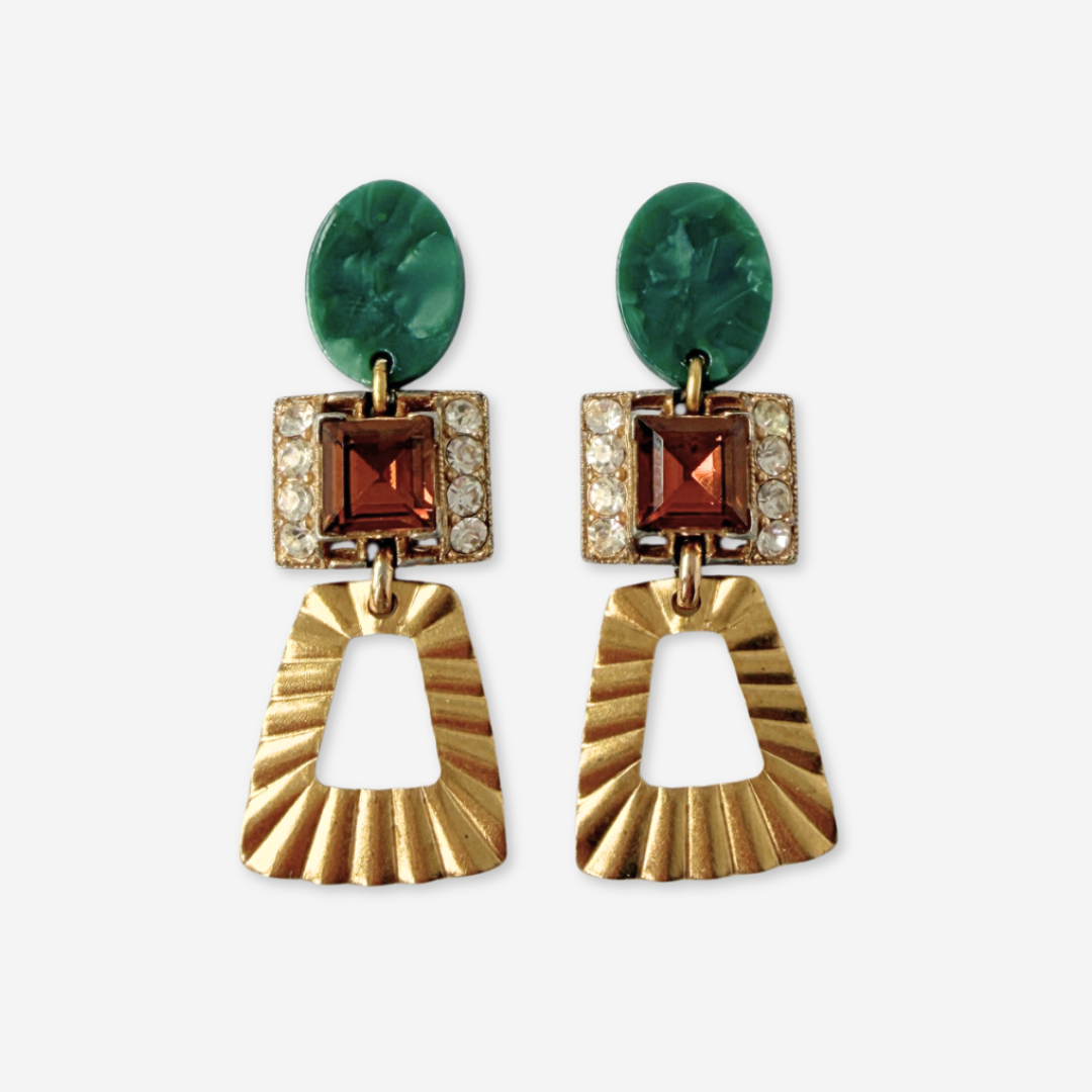 Refashioned Vintage brown topaz earrings with brass trapezoid drops