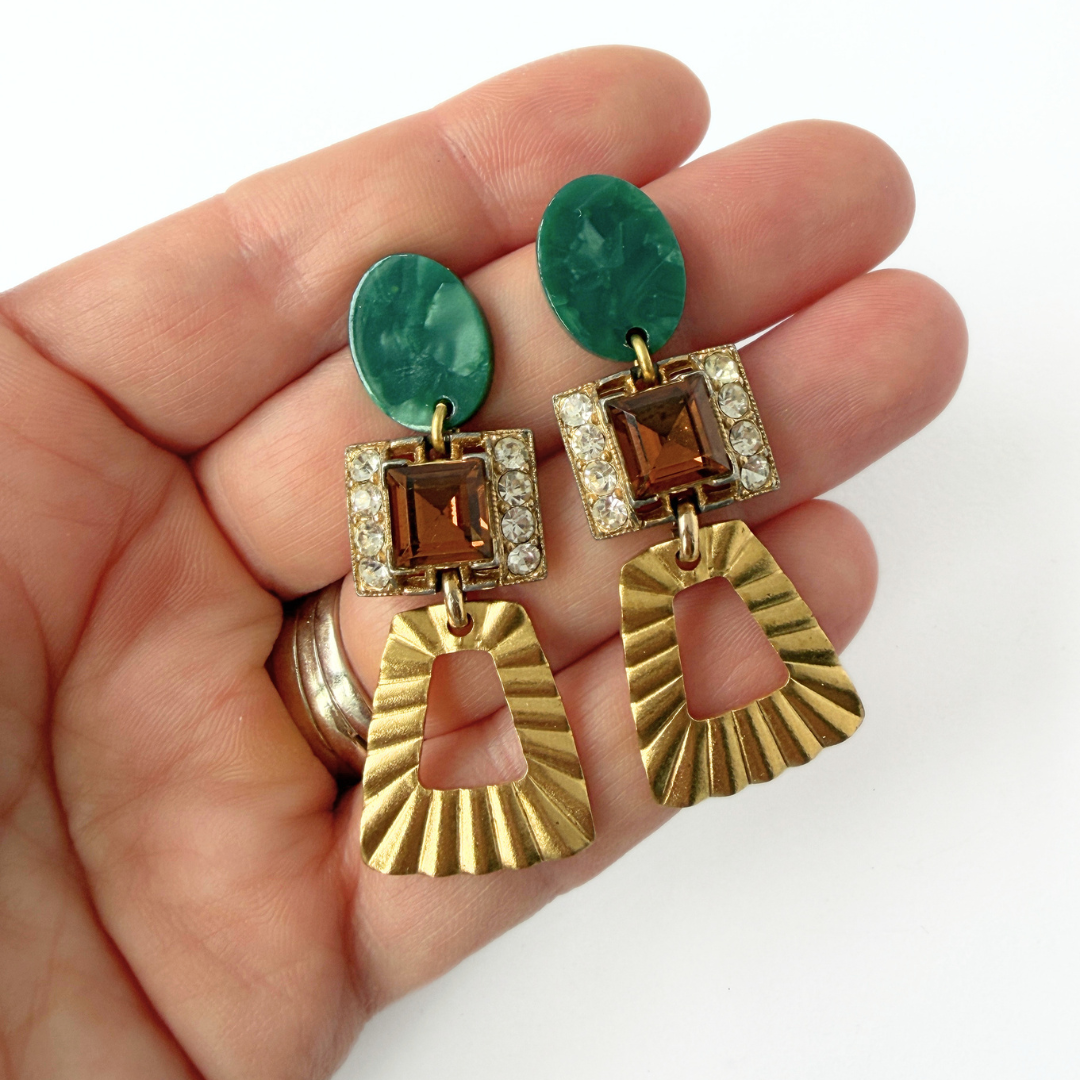 Refashioned Vintage brown topaz earrings with brass trapezoid drops