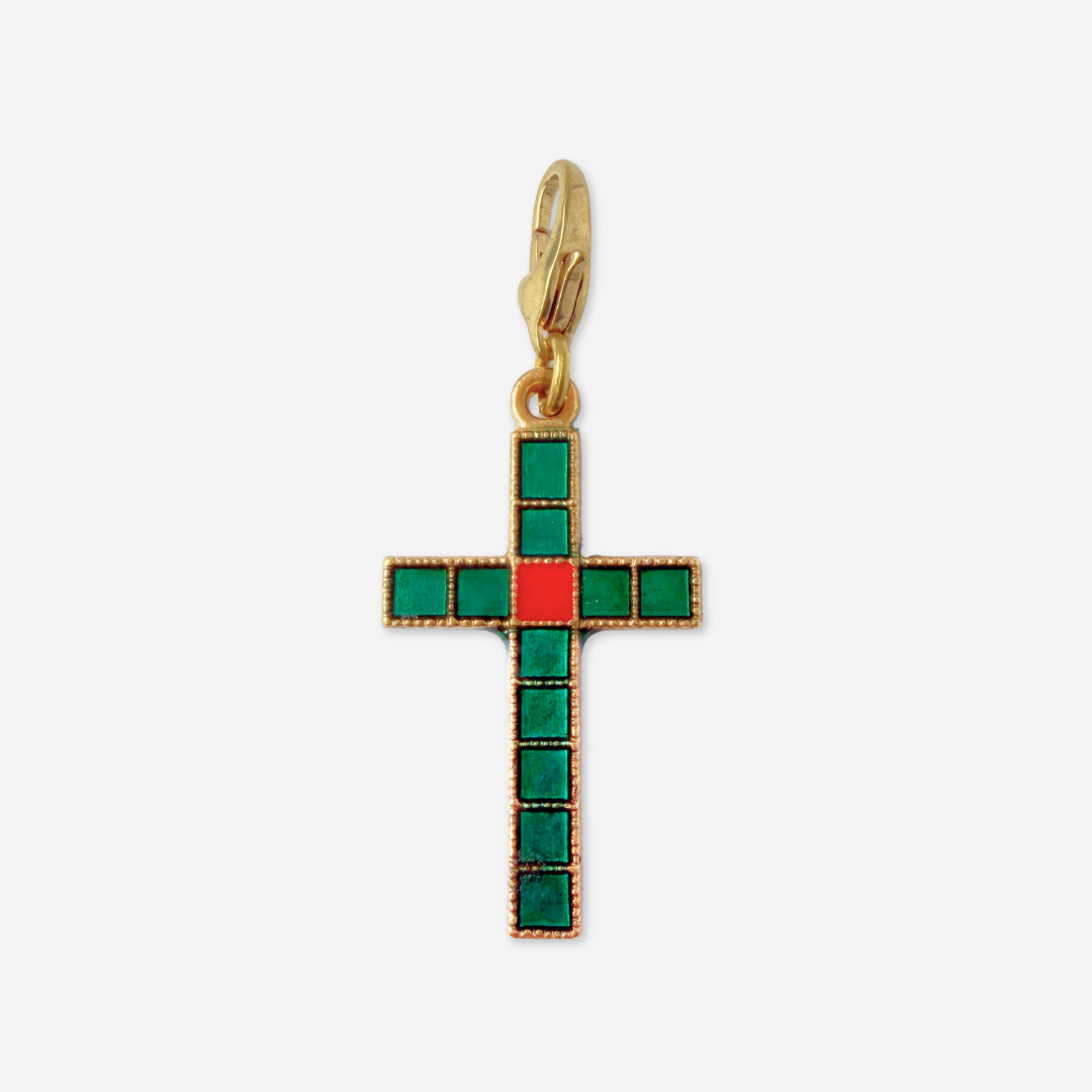 Vintage green and red enamel cross charm