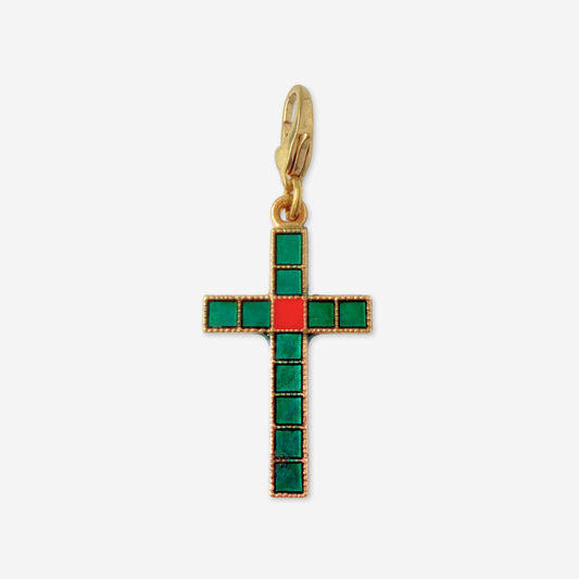 Vintage green and red enamel cross charm