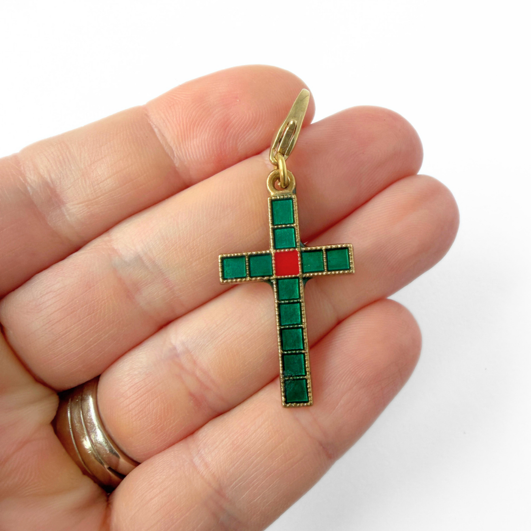Vintage green and red enamel cross charm