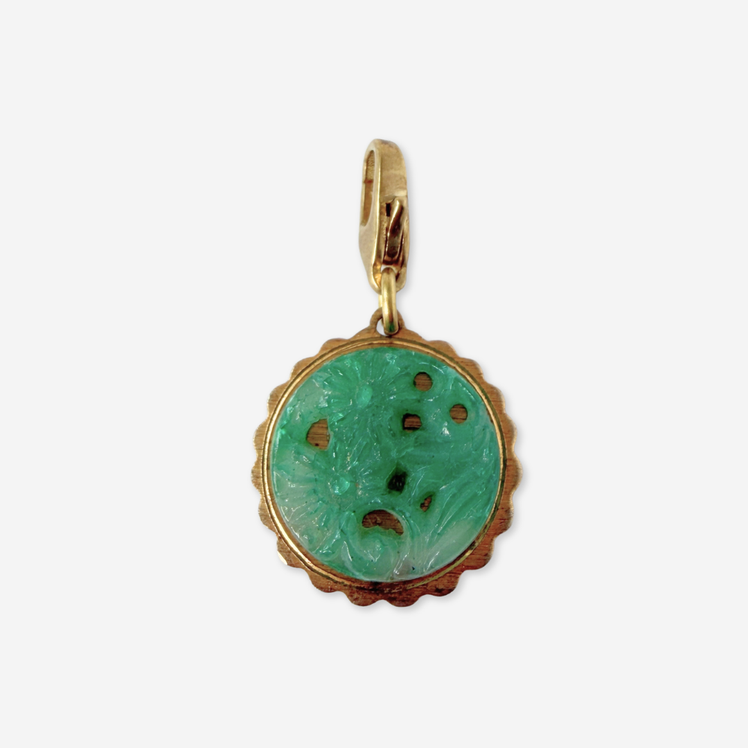 Refashioned vintage pierced green jade floral charm