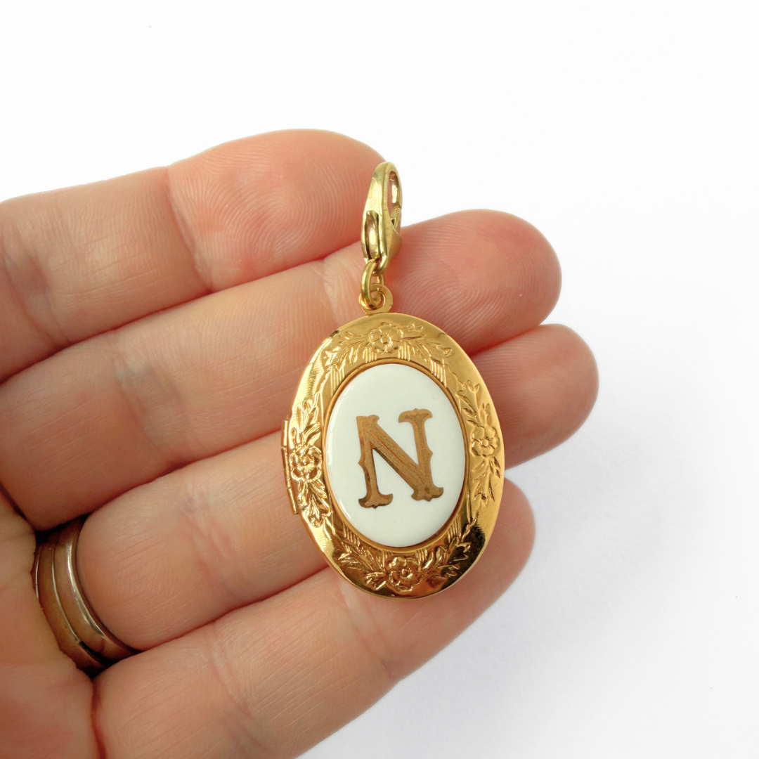 Vintage gold plated letter "N" monogram locket charm