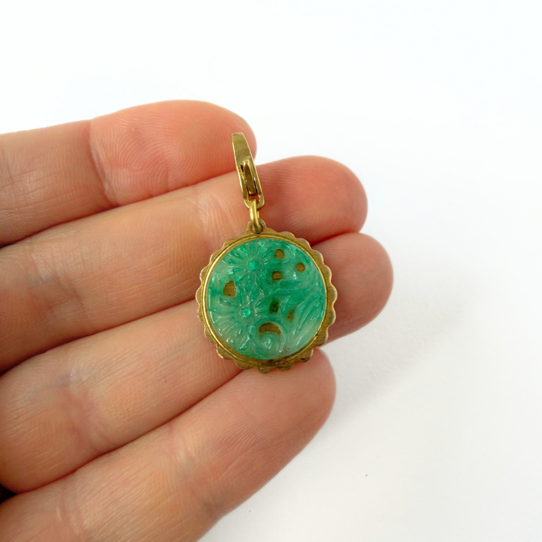 Refashioned vintage pierced green jade floral charm