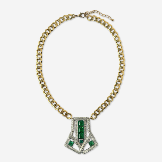 Large refashioned vintage clear and green rhinestone deco pendant necklace
