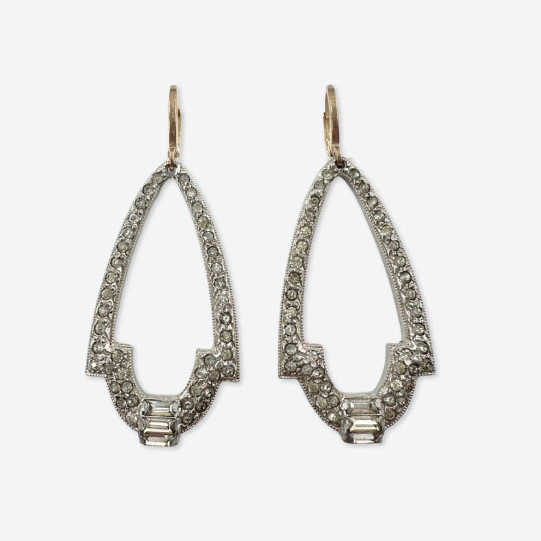 Refashioned vintage large silver and rhinestone elongated deco earrings
