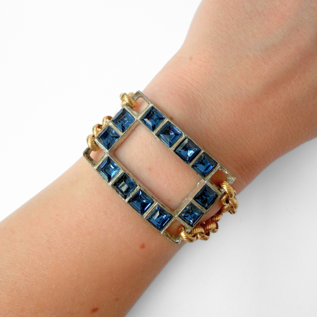 Refashioned vintage sapphire rhinestone buckle bracelet