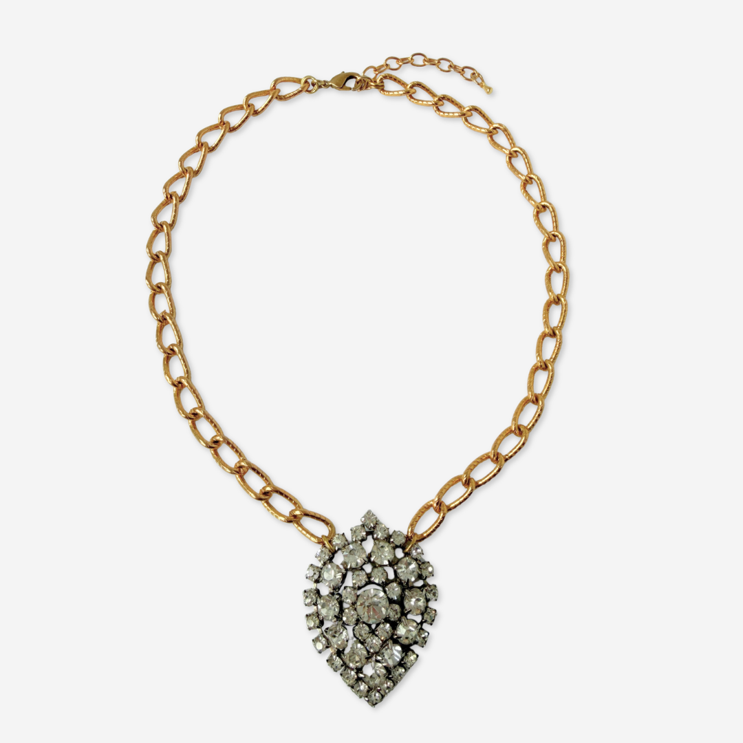 Large refashioned vintage clear rhinestone pendant necklace