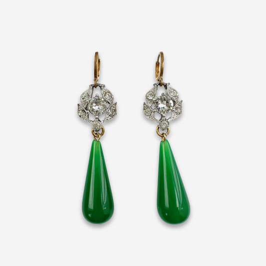 Repurposed vintage rhinestone link earrings with large green lucite drops