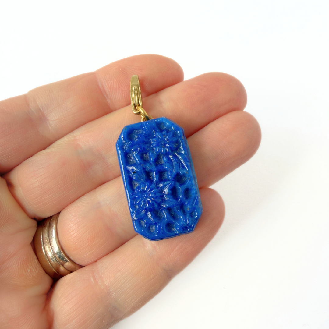 Large Vintage Opaque Cobalt Blue Glass Floral Charm