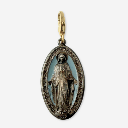 Vintage aged silver and blue enamel large oval Miraculous Medal charm