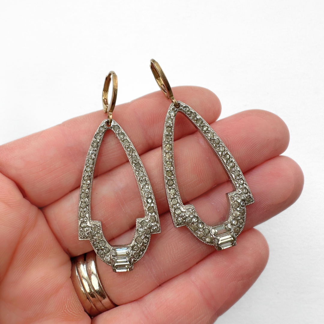 Refashioned vintage large silver and rhinestone elongated deco earrings