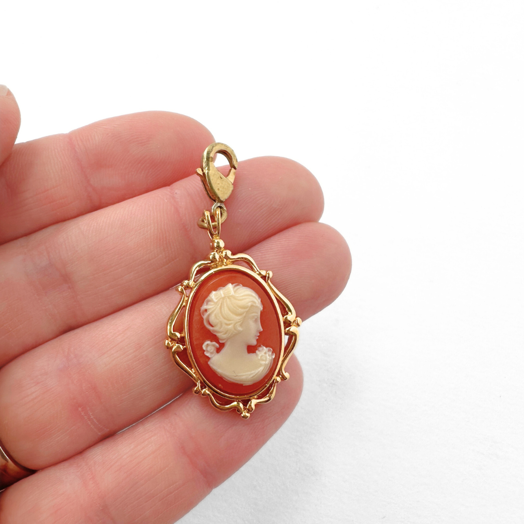 Refashioned vintage Trifari coral cameo charm
