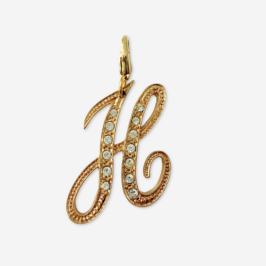 Large vintage gold tone rhinestone letter "H" monogram charm