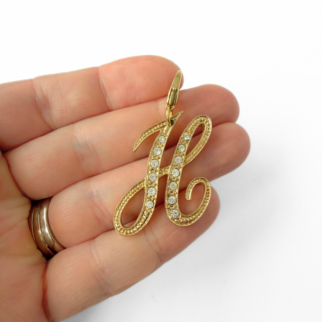 Large vintage gold tone rhinestone letter "H" monogram charm