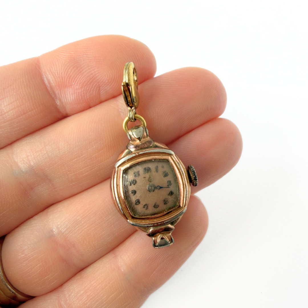 Refashioned vintage copper-tone Swiss watch face charm