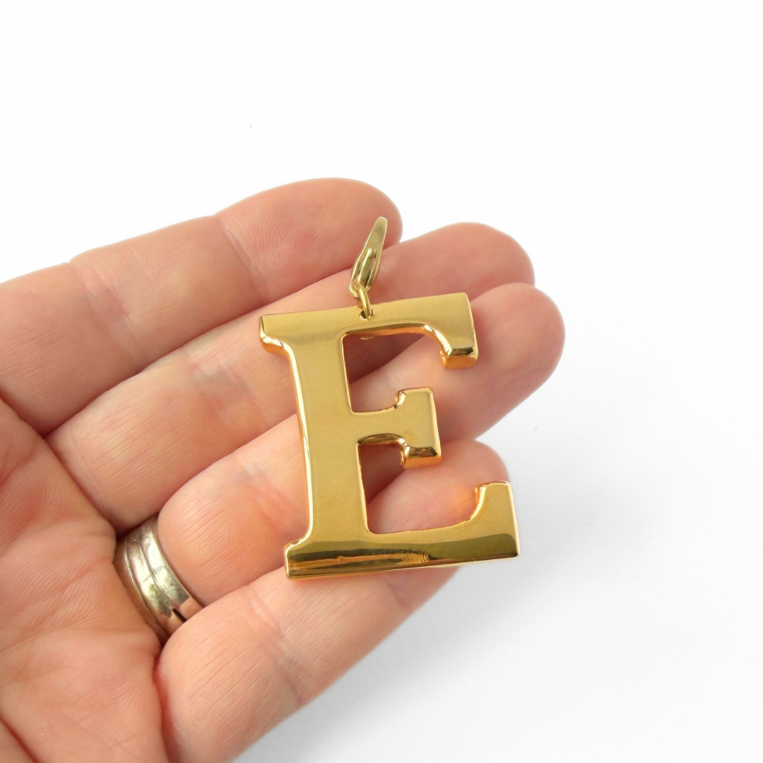 Large vintage shiny gold letter "E" monogram charm