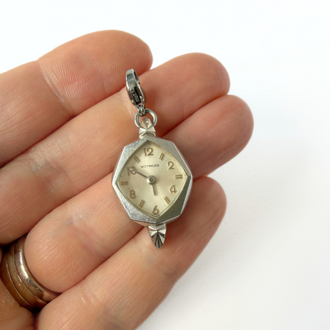 Vintage silver tone  "Wittnauer" watch face charm