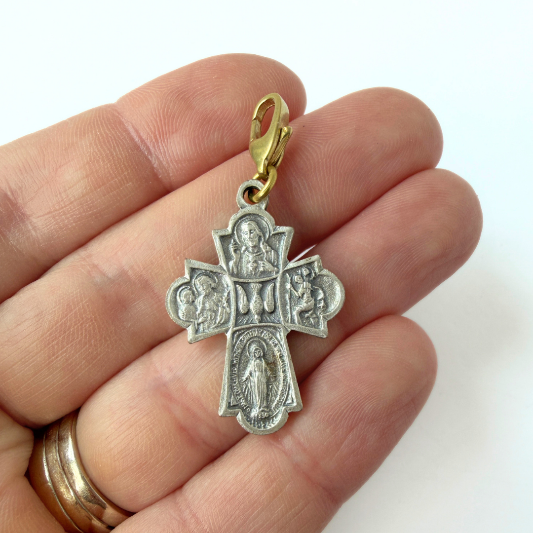 Vintage matte silver four-way scapular cross charm pendant