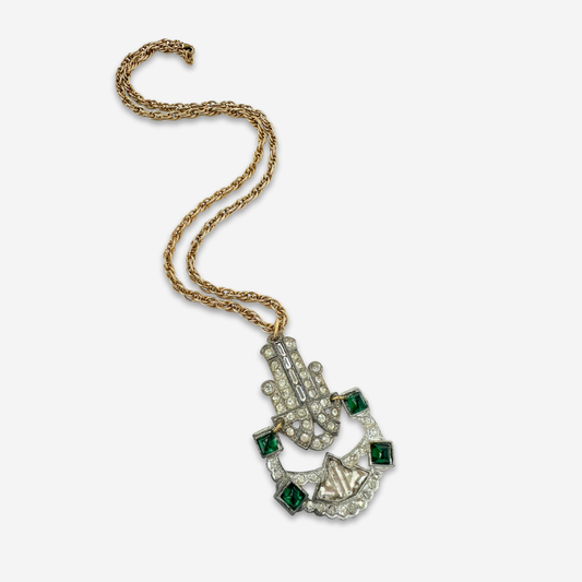 Refashioned 2-pc vintage art deco clear and emerald rhinestone pendant assemblage necklace