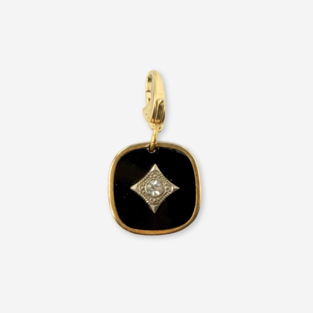 Vintage gold plated and black glass deco style rounded square charm