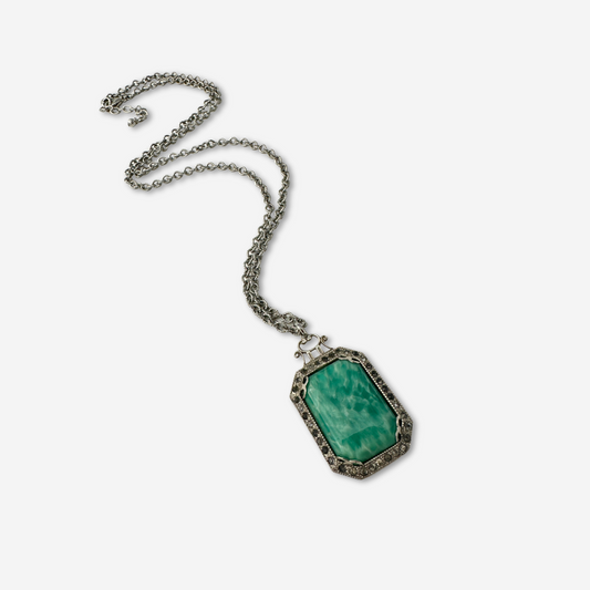 Refashioned vintage mottled green glass art deco pendant necklace