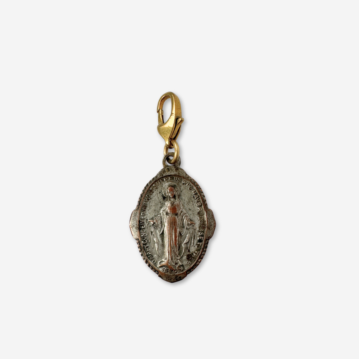 Vintage aged silver tone miraculous medal charm with brass clasp