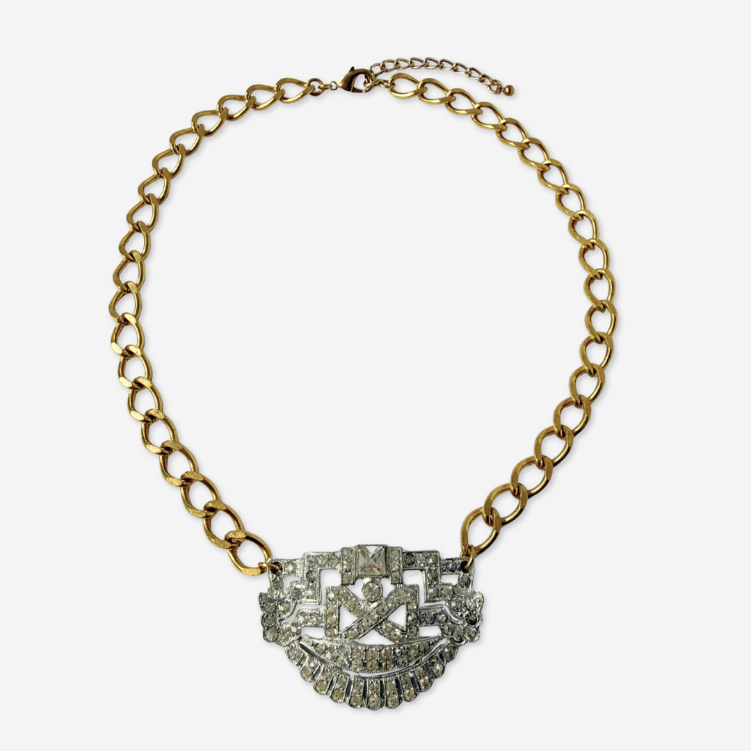 Large refashioned vintage deco rhinestone pendant necklace