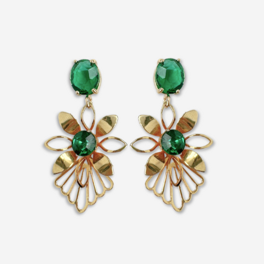Refashioned vintage gold plated flower earrings with green rhinestone centers