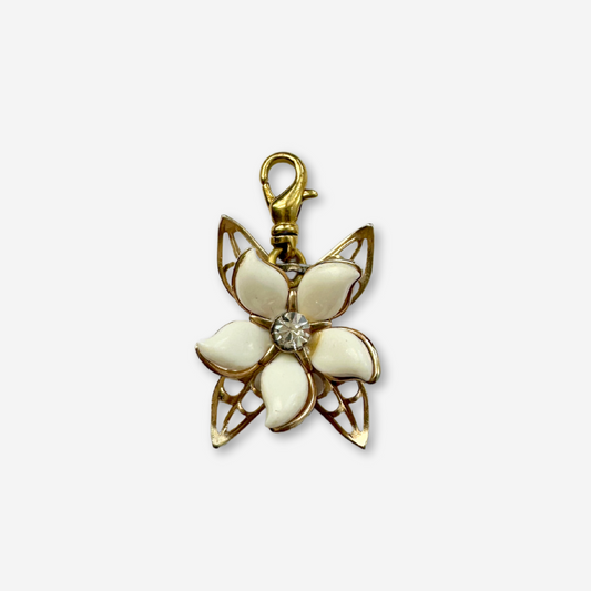 Vintage gold and white 3D flower charm with swivel clasp