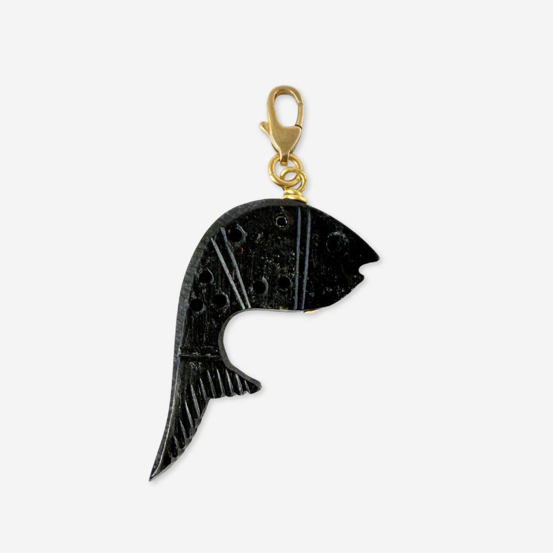 Refashioned vintage carved bone fish charm- black