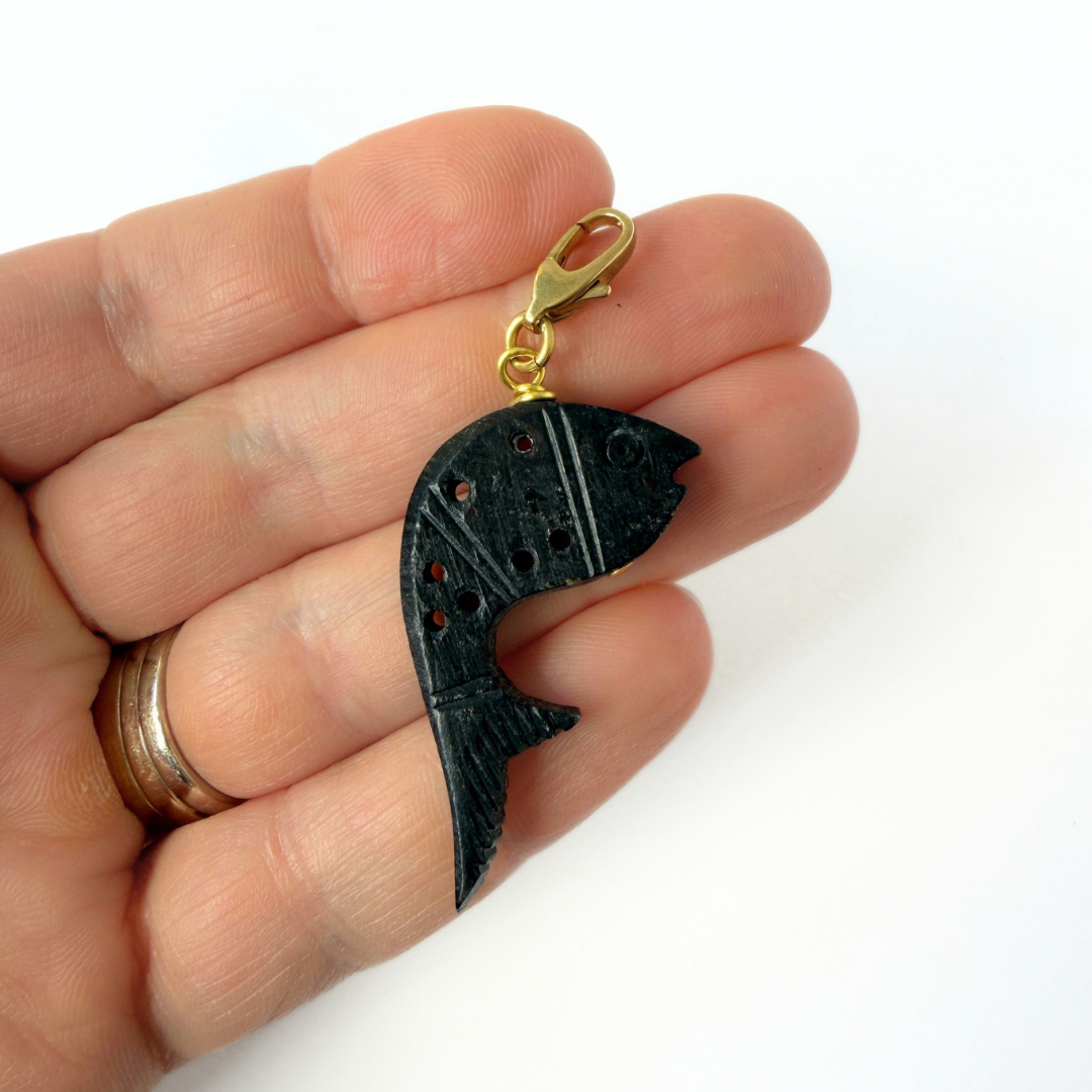 Refashioned vintage carved bone fish charm- black