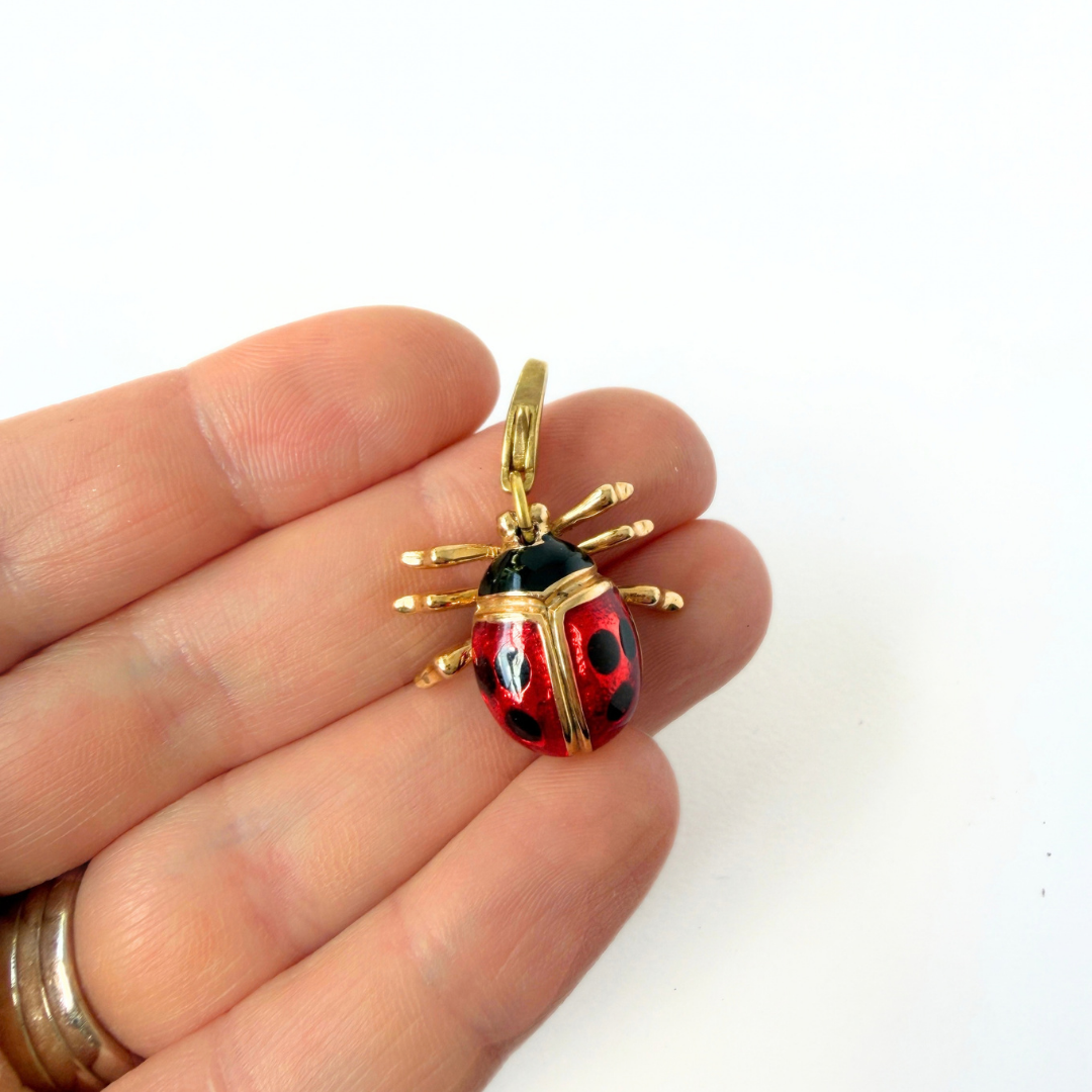 Refashioned vintage red and black enamel ladybug charm